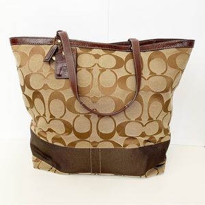 COACH Signature Heritage Stripe Canvas Tote Bag Brown Tan Large
